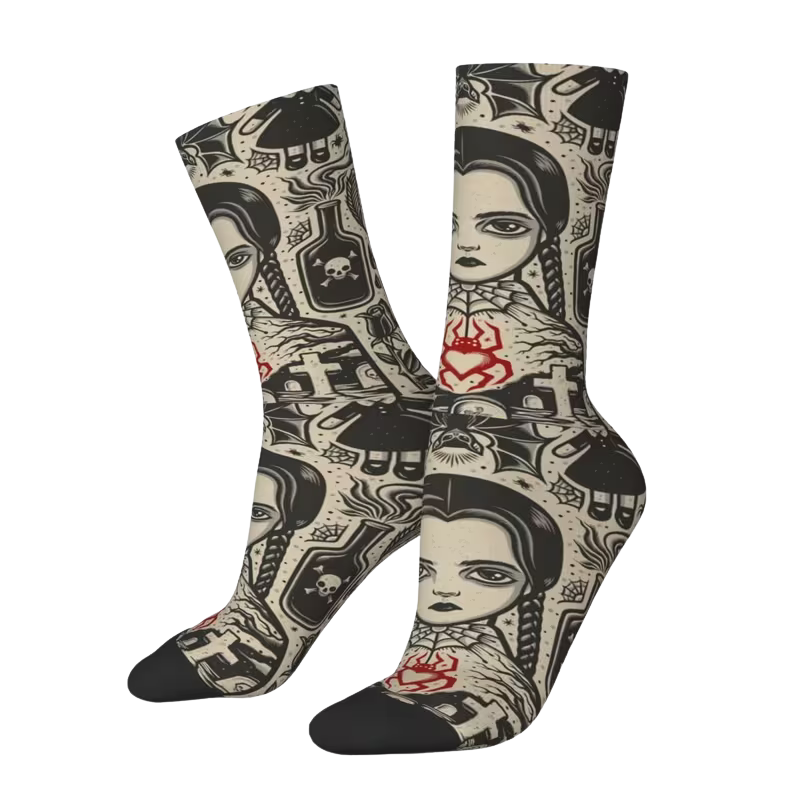 Wednesday Addams Socks, Goth Print Crew Socks, Black Beige Red Accents
