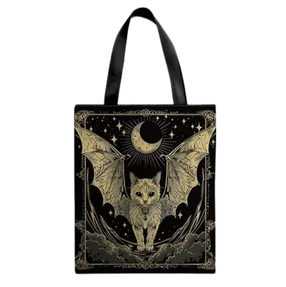 Black & Light Gold Mystic Cat Canvas Tote Bag
