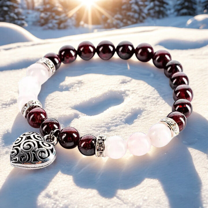 Heart Charm Bracelet Garnet Rose Quartz Crystal Bracelet Gentle Healing Love Bracelet Gem Bracelet Self Worth Gemstone Crystal Bracelet
