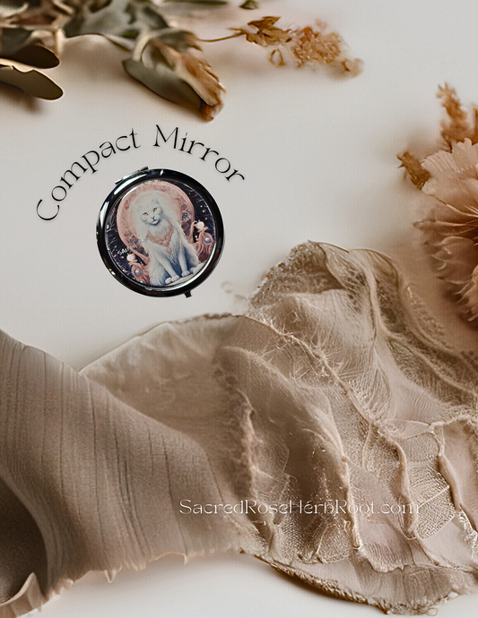 White Cat Goddess Silver Compact Mirror Purse Make Up Travel Mirror Cat Purse Keepsake