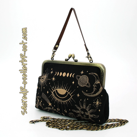 Cosmic Witch Stars Kiss Lock Bag Linen Vintage Witch Style Embroidered Witchcore Cottagecore Festival Fashion