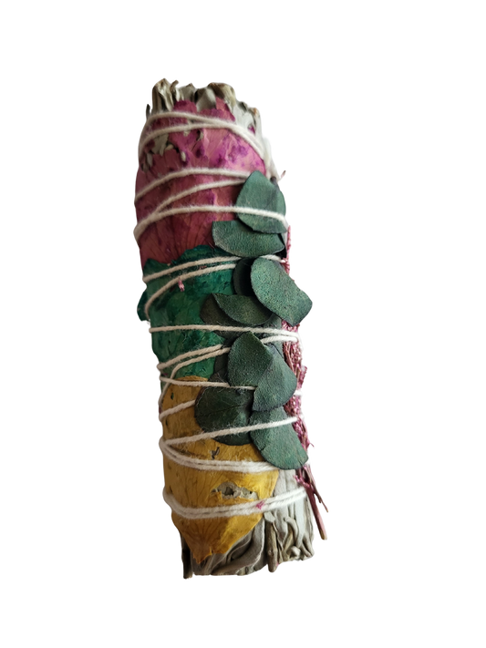4"White Sage with Eucalyptus & Purple Foliage & Yellow, Green, Pink Rose Petals