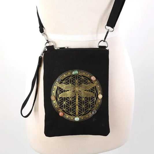 Crystal Dragonfly Canvas Shoulder Bag Sacred Geometry Dragonfly Crystal Bag for Transformation
