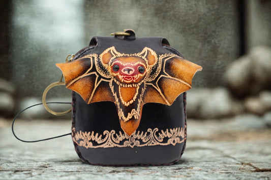 Genuine Handcrafted Leather Bat Coin Purse Wristlet Gothic Mini Pouch