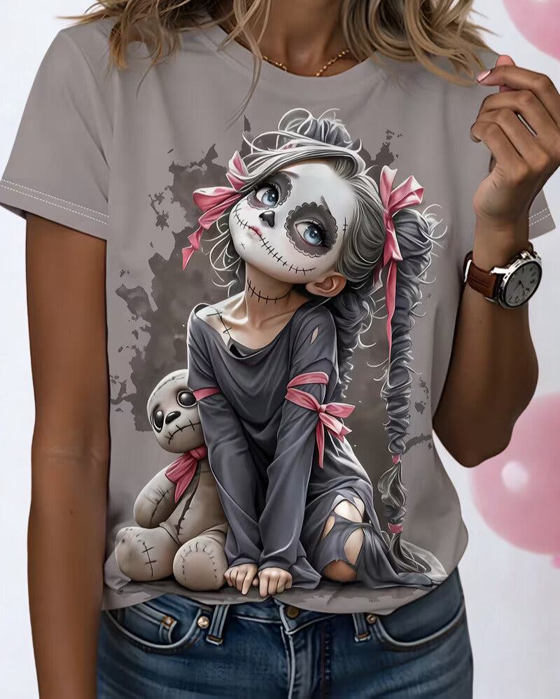 Women's Gothic Day of the Dead Sugar Skull & Teddy Bear Round Neck Casual Top