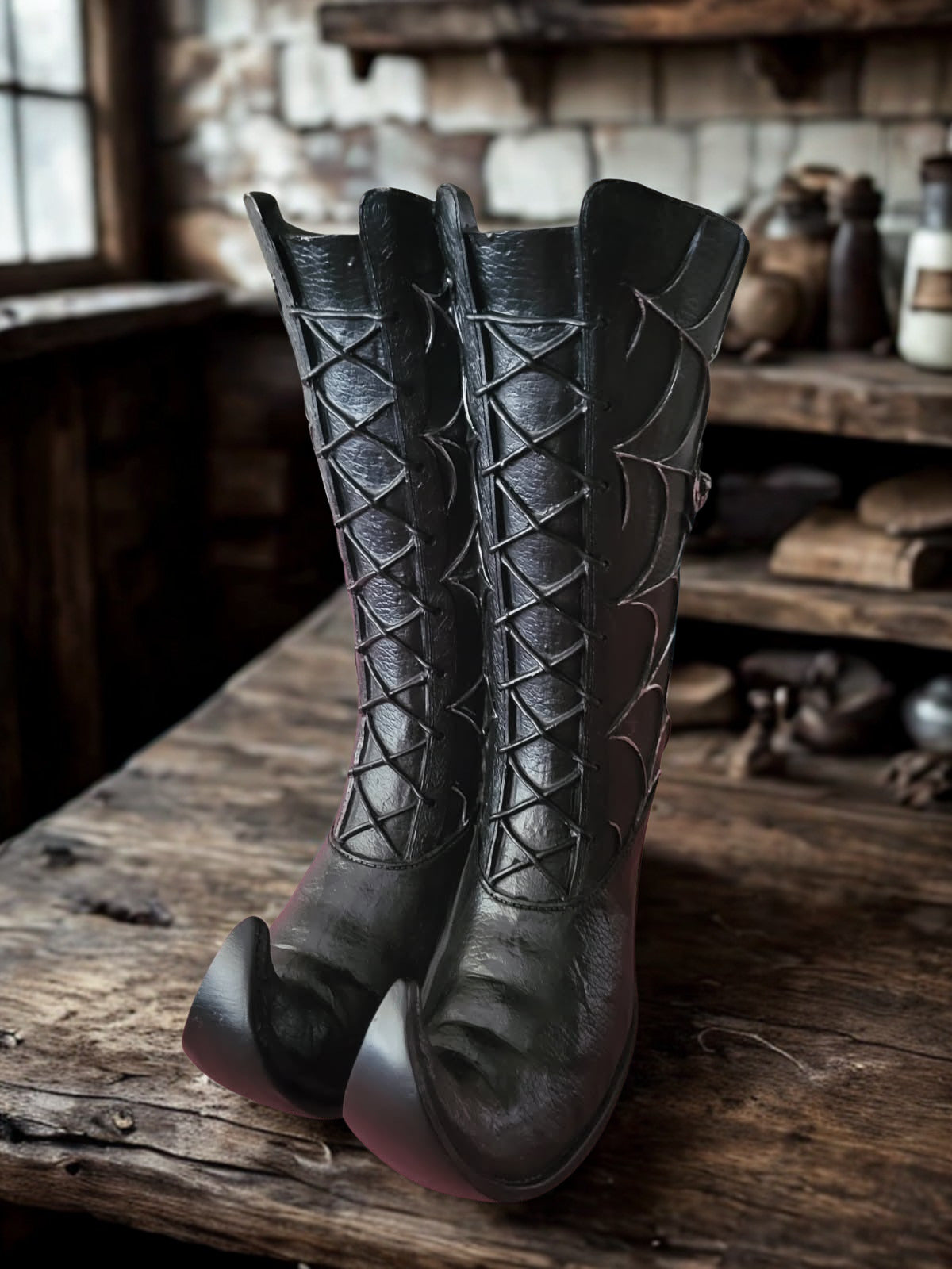 Witch Boots Black Vintage Victorian Witch 10 Inch High Boot Planter