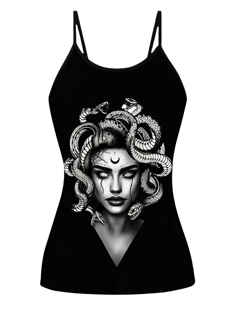 Medusa Black Spaghetti Strap Tank Top: Embrace the Snake Goddess Size XL