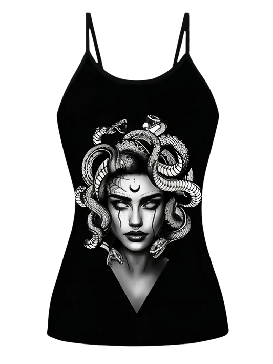 Medusa Black Spaghetti Strap Tank Top: Embrace the Snake Goddess Size XL