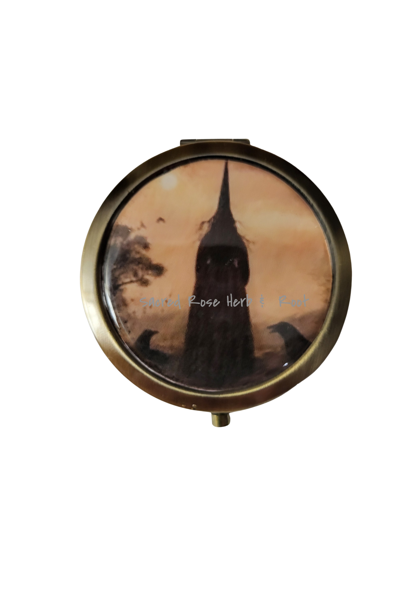 Vintage Witch Compact Mirror Antique Bronze Witches Keepsake Purse Mirror
