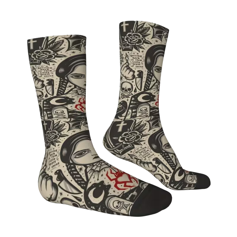Wednesday Addams Socks, Goth Print Crew Socks, Black Beige Red Accents