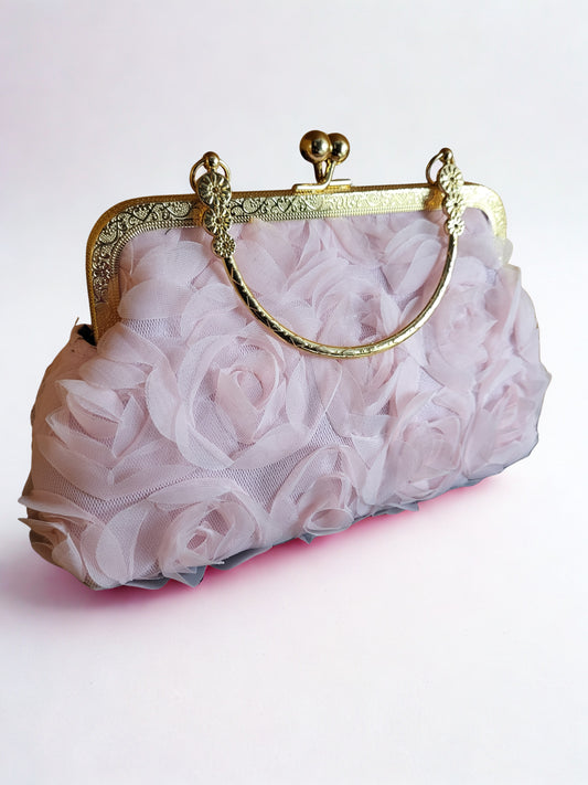 Rose Diva Purse Pink Ruffled Rosette Formal Kiss Lock Evening Purse