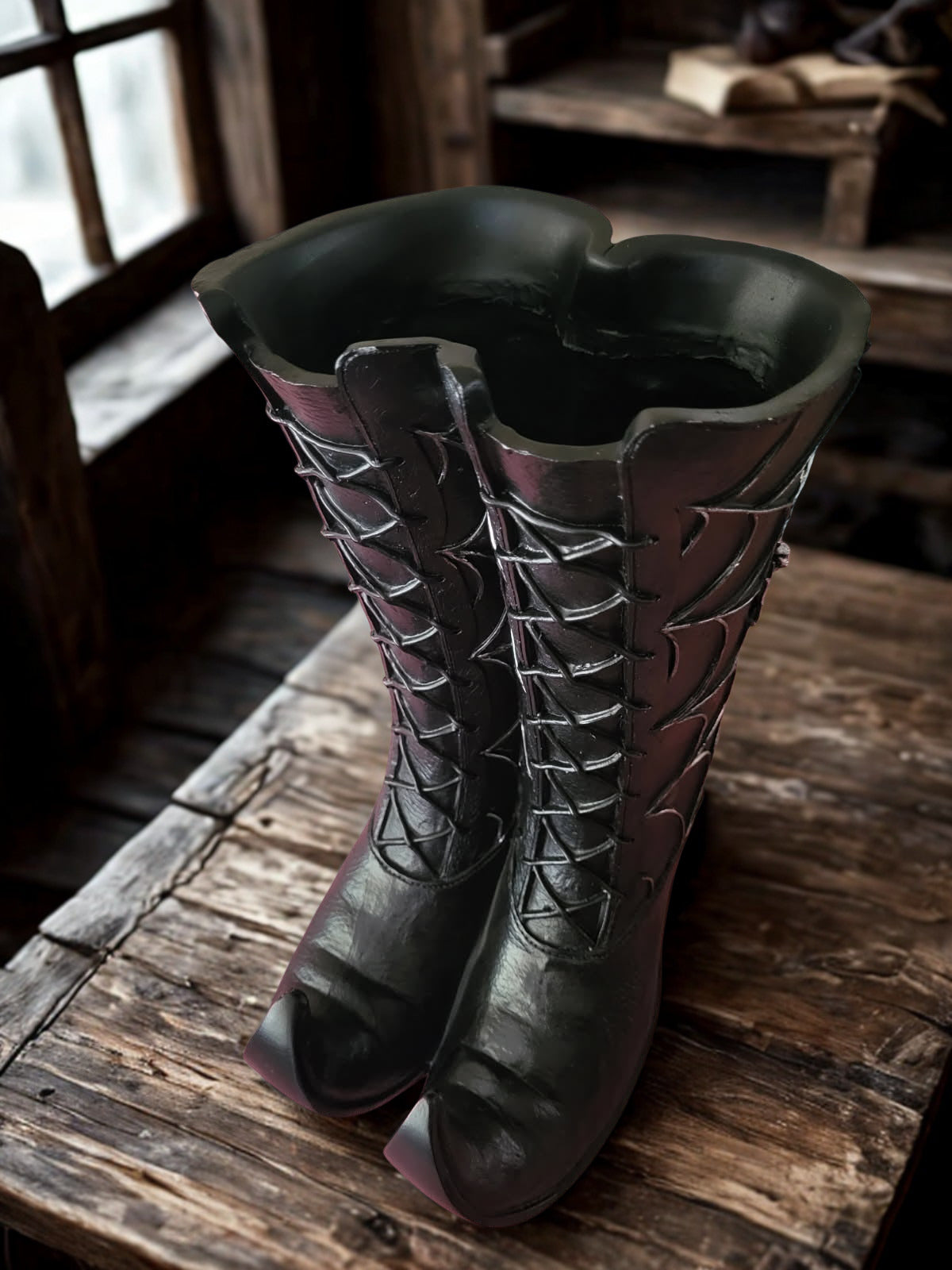 Witch Boots Black Vintage Victorian Witch 10 Inch High Boot Planter